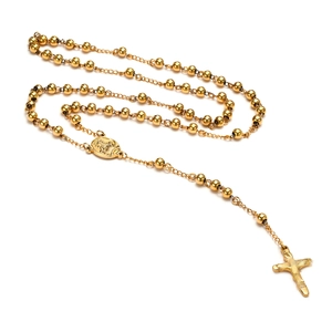 Polished gold titanium steel rosary necklace featuring beaded chain and cross pendant