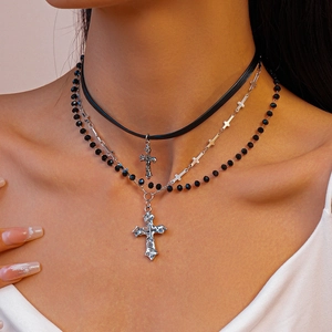 Gothic multilayered leather and glass bead necklace with vintage silver cross pendants