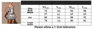 Size chart for silver sequin mini dress detailing bust waist hips and length measurements