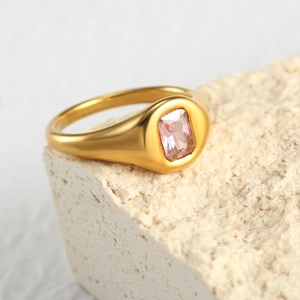 Stainless Steel Ring For Women Square Pink Rhinestone Light Luxury Gold Steel Plated Fashion Finger Ring Jewelry Gift