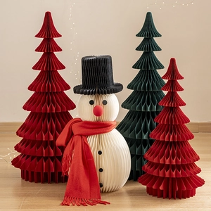 Origami paper Christmas trees and snowman set for festive interior holiday decoration