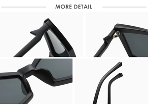 Detailed views of matte black polygonal sunglasses with sturdy hinges and fixed nose pads
