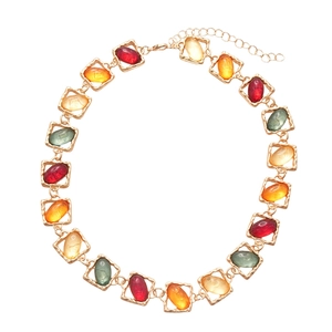 Retro resin square link necklace with colorful faux gemstones and golden hollow frame