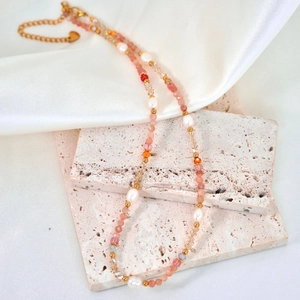 Pink natural stone and freshwater pearl beaded necklace with gold heart pendant
