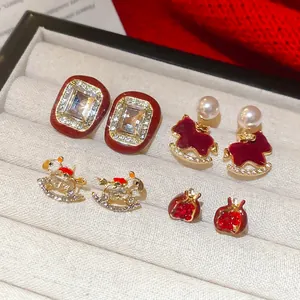 Retro Red Enamel Stud Earrings Alloy Rhinestone Rocking Horse Pomegranate Design With 925 Sterling Silver Earring Post