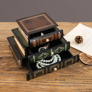 European style luxury vintage book shaped jewelry storage box with three drawer layers