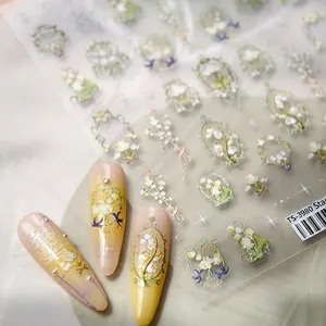 Autocollants à ongles lily of the valley gaufrés avec motifs floraux, modèle TS-3980