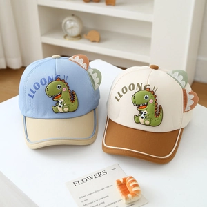 Kids dinosaur baseball cap with 3D fins in blue beige and cream brown patchwork styles