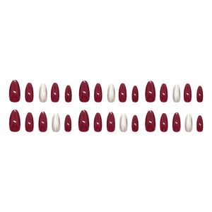 Press on nails set in wine red and pearl white with elegant 3D wave texture almond shape