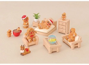 Overhead view of miniature gingerbread man family resin set with tiny furniture
