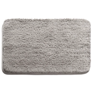 Absorbent grey rectangular bathroom mat with rounded corners and thick plush texture