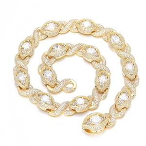 Gold hip hop infinity link chain necklace with cubic zirconia eye-shaped charms on white background