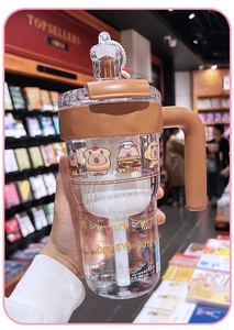 Detail of Capybara cartoon illustration on clear water bottle with brown handle