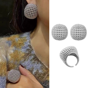 Statement Hollow Beaded Sphere Jewelry Copper Granulated Texture Open Ring Stud Earrings Cuff Bracelet Vintage Luxury Style