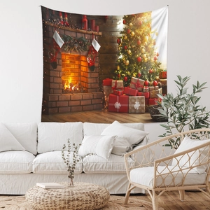 Detailed Christmas fireplace tapestry hanging in a minimalist living room for home decor