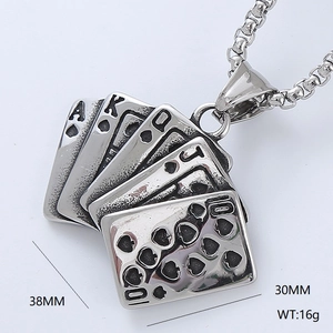 Silver vintage poker royal flush pendant necklace for men with 38mm x 30mm dimensions