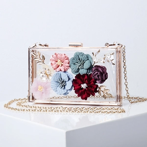 Floral acrylic box clutch with colorful 3D flowers and gold chain for evening wear