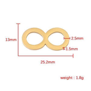 Gold mirror stainless steel infinity symbol pendant with detailed dimensions and weight