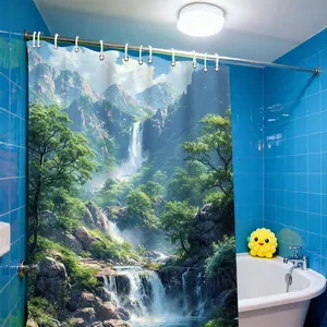 Waterproof 3D shower curtain featuring realistic forest mountains and waterfall scenery