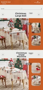 Detail of Christmas tablecloth featuring festive embroidery of bells and sleigh on fabric