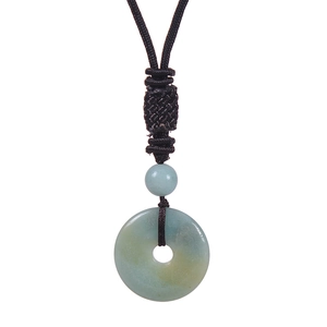 Detail of teal gemstone Ping'an Kou pendant with hand-woven black cord necklace