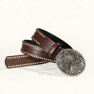 Ceinture en cuir marron style western vintage avec strass et boucle florale pour femmes.