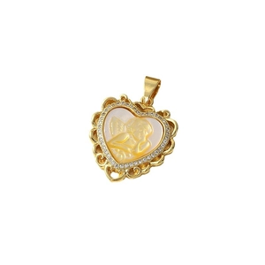 Gold-plated heart shell pendant necklace featuring angel engraving and zircon border