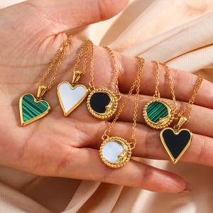 Stainless Steel Necklace With Green Striped Acrylic Malachite Texture And Gold Mirror Moon Face Pendant For Women