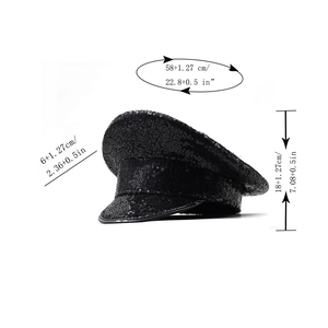 Black sequin military hat for parties with dimensions 58cm circumference and 6cm brim