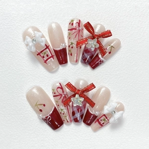 Christmas Press On Nails Long Coffin Red Plaid Cherry Snowflake 3D Bow Artificial Pearl Rhinestone Full Cover False Nails Women