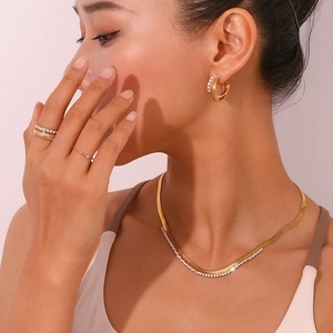 18K gold plated jewelry set with herringbone necklace, earrings and zircon rings