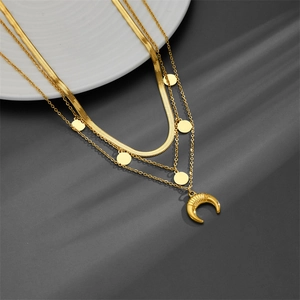 Three-layer titanium steel necklace with horn crescent pendant and gold disc charms