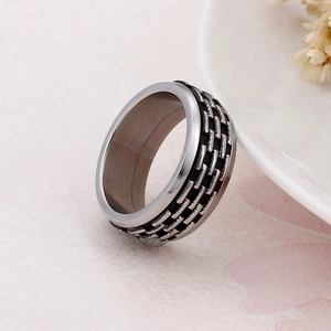 Industrial style wide 304 stainless steel ring with black enamel and embossed patterns