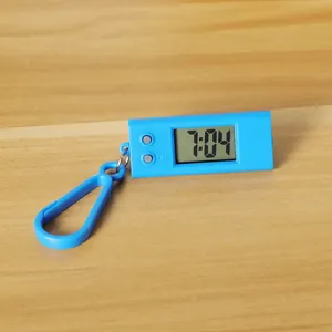 Portable blue triangular digital watch keychain with LCD display and plastic hook