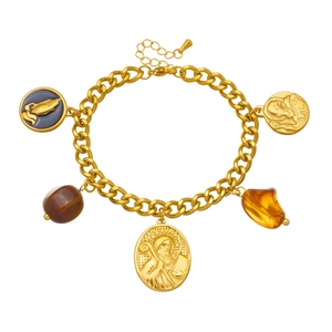 Vintage gold plated stainless steel bracelet with religious Saint Benedict medals and resin charms