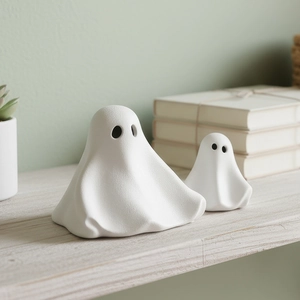 Set van twee witte keramische spookfiguurtjes voor Scandinavische Halloween-decoratie