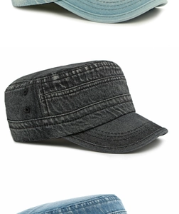 Λεπτομέρεια από στρατιωτικό καπέλο denim με μεταλλικές οπές και ραμμένο γείσο
