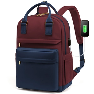 Mochila para portátil mujer granate y marino con puerto USB para viaje y escuela