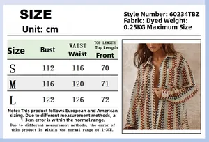 Detailed size chart for yarn-dyed long sleeve loose shirt showing S to L dimensions