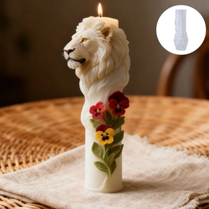 Bougie tête de lion 3D avec relief floral et moule en silicone translucide DIY