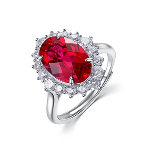 Luxurious S925 silver ring featuring a large oval red ruby with halo diamond setting