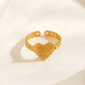 Minimalist 18K gold-plated stainless steel heart-shaped adjustable open ring with Love You engraving