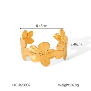 Detailed dimensions of flower open cuff bangle in titanium steel, 6.45cm width, 26.8g weight