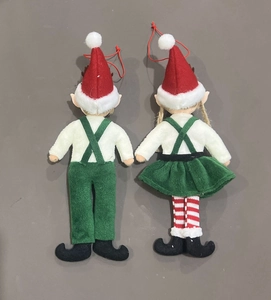 Detailed back view of plush Christmas elf ornaments with red and green striped suspenders