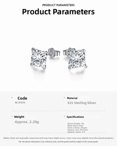 Detail view of S925 sterling silver stud earrings with 8mm princess cut 3.0ct cubic zirconia