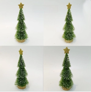 Detailed views of mini snow-flocked Christmas tree with gold star and wood base