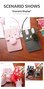 Detailed view of mini rabbit ear crossbody phone bags in pink, green, red and black