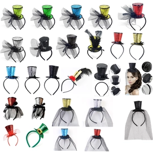 Cerchietti mini cappello a cilindro con paillettes e piume per feste di Halloween