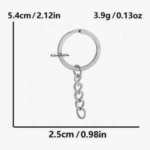 Polished silver stainless steel keychain with chain link and dimensions 5.4cm by 2.5cm