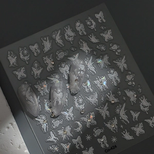 3D ice crystal butterfly nail art stickers with laser stars and bows on pearlescent nails